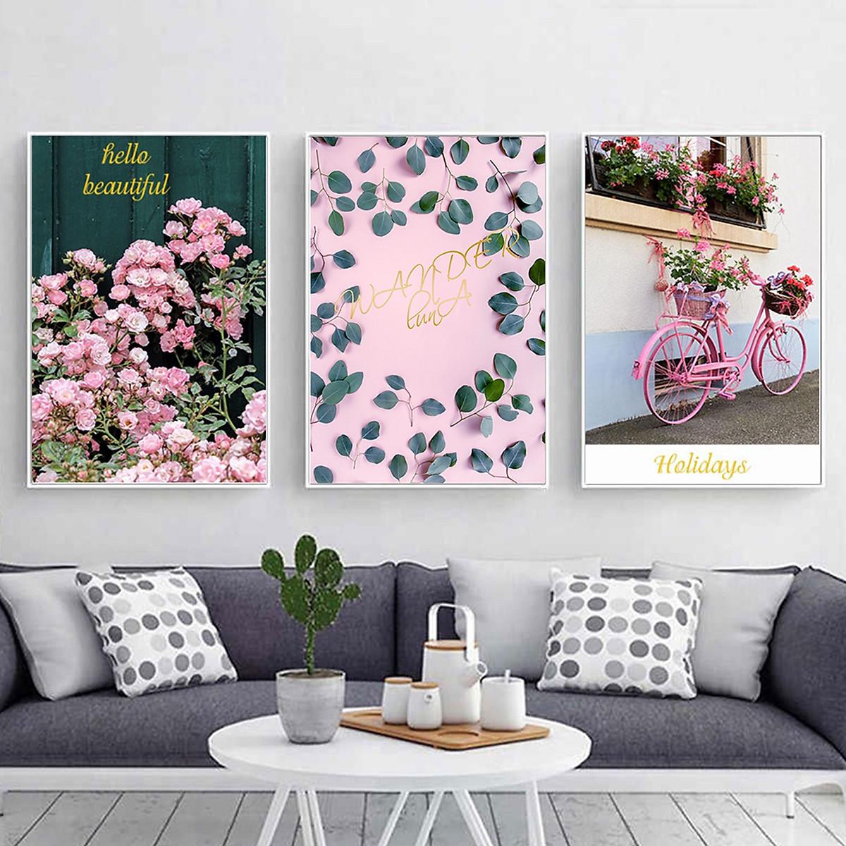 Tranh Tráng Gương Cao Cấp Treo Tường Hiện Đại _ Tranh Bộ 3 Cây Và Xe Đạp Tone Hồng