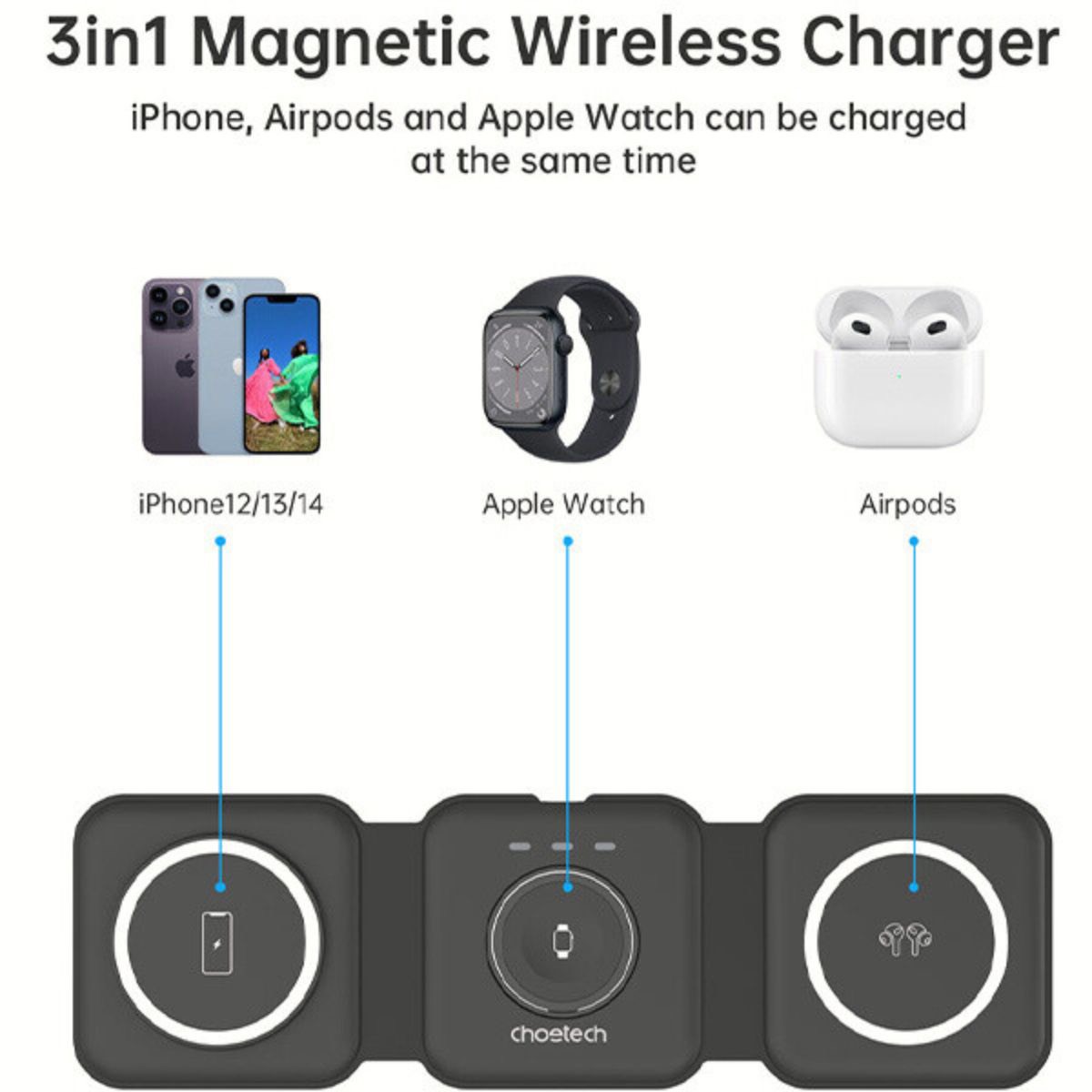 Đế sạc không dây Magnetic 3in1 gấp gọn Choetech T588 công suất 15W (Hàng chính hãng)