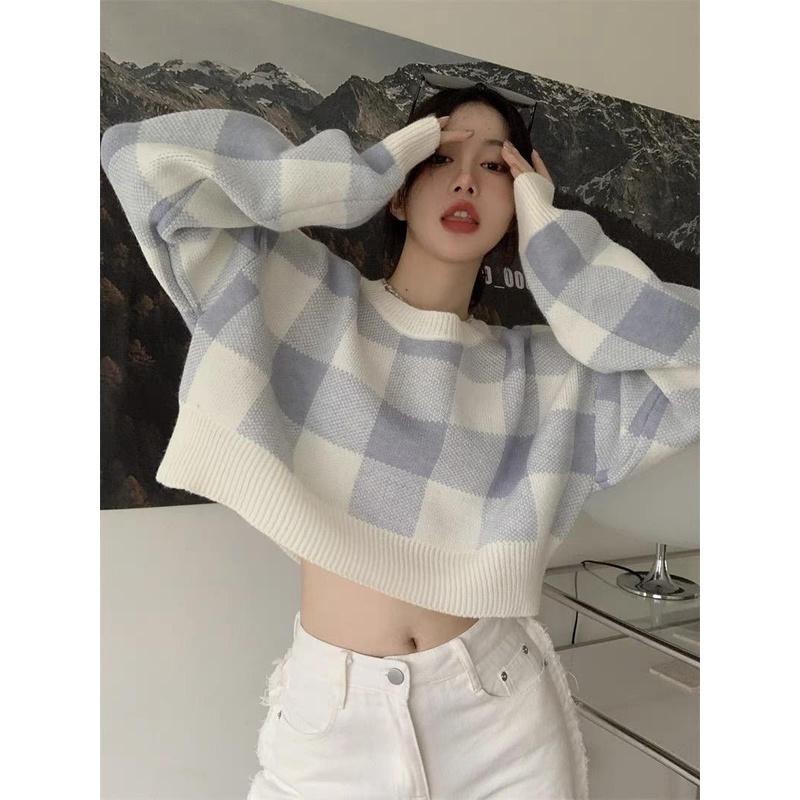 MS843 Áo len nữ croptop kẻ caro Hàn Quốc