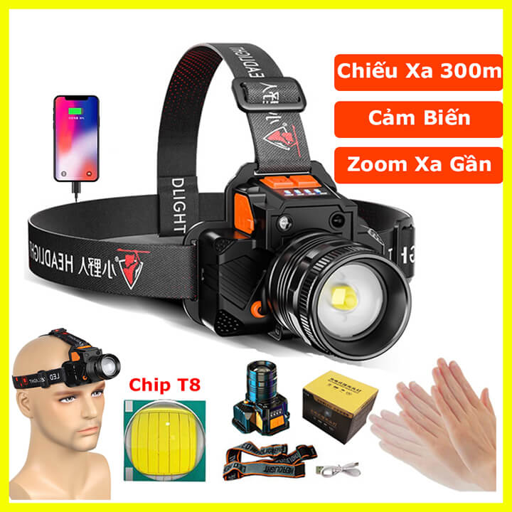 Đèn pin đội đầu siêu sáng 1 bóng chiếu xa 300m cảm biến vẫy tay, chip Led L9 Zoom xa gần, chống nước IPX6, pin trâu