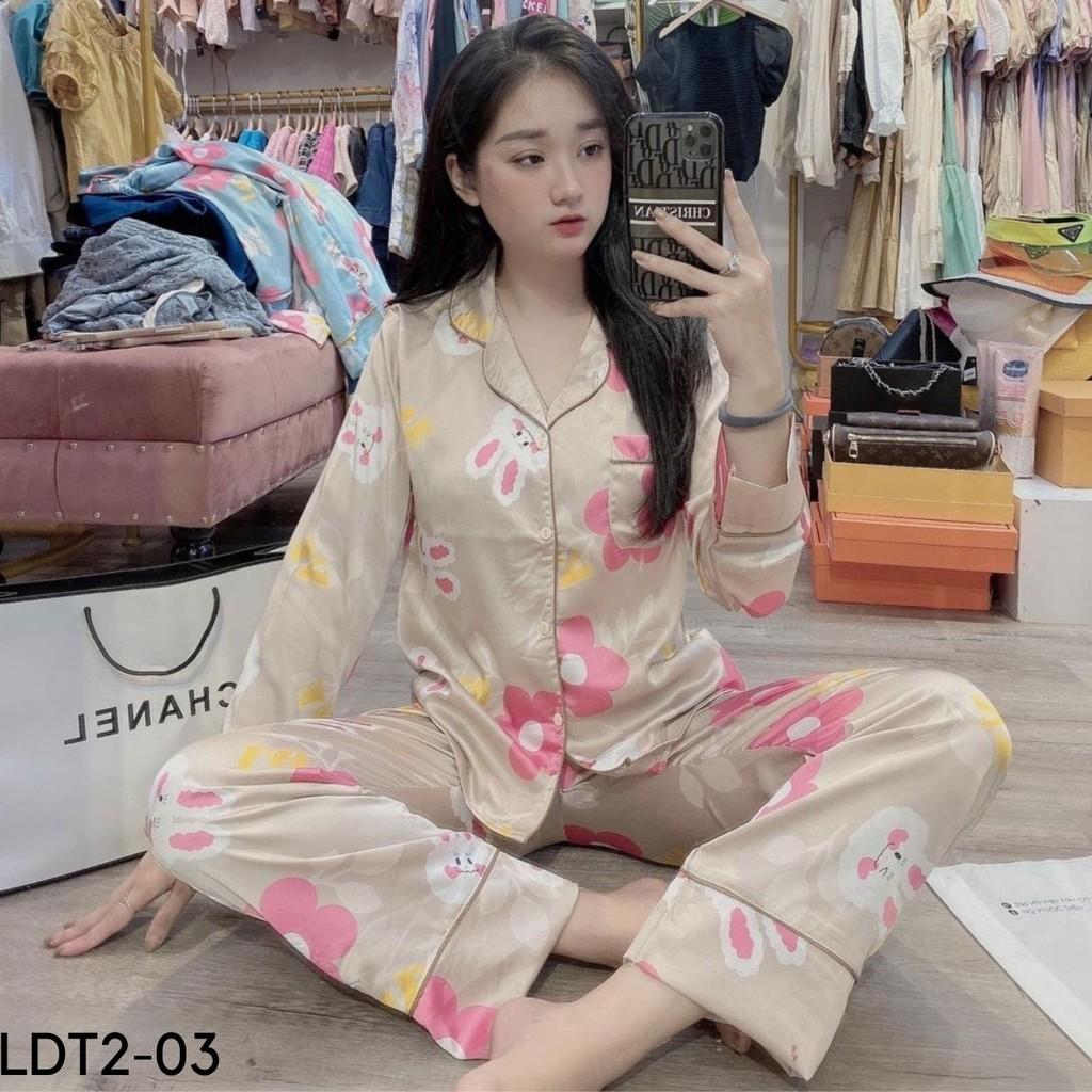 BỘ PIJAMA LỤA SATIN DÀI TAY HỌA TIẾT THỎ CỰC XINH