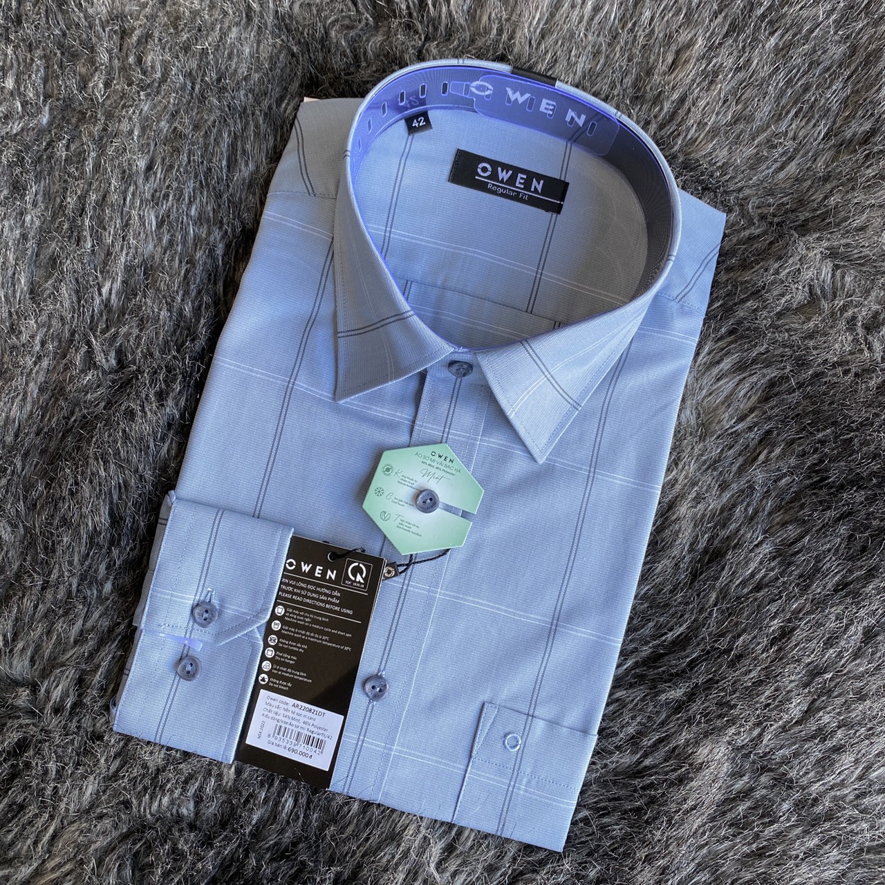 OWEN - Áo sơ mi dài tay Owen Regular fit chất bạc hà màu xám kẻ ô 220821
