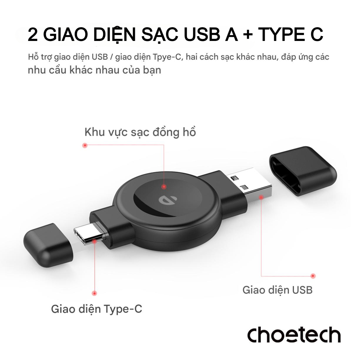 Sạc không dây đồng hồ đa năng Choetech T606 với 2 đầu cắm USB A + Type C dùng cho đồng hồ thông minh (Hàng chính hãng)