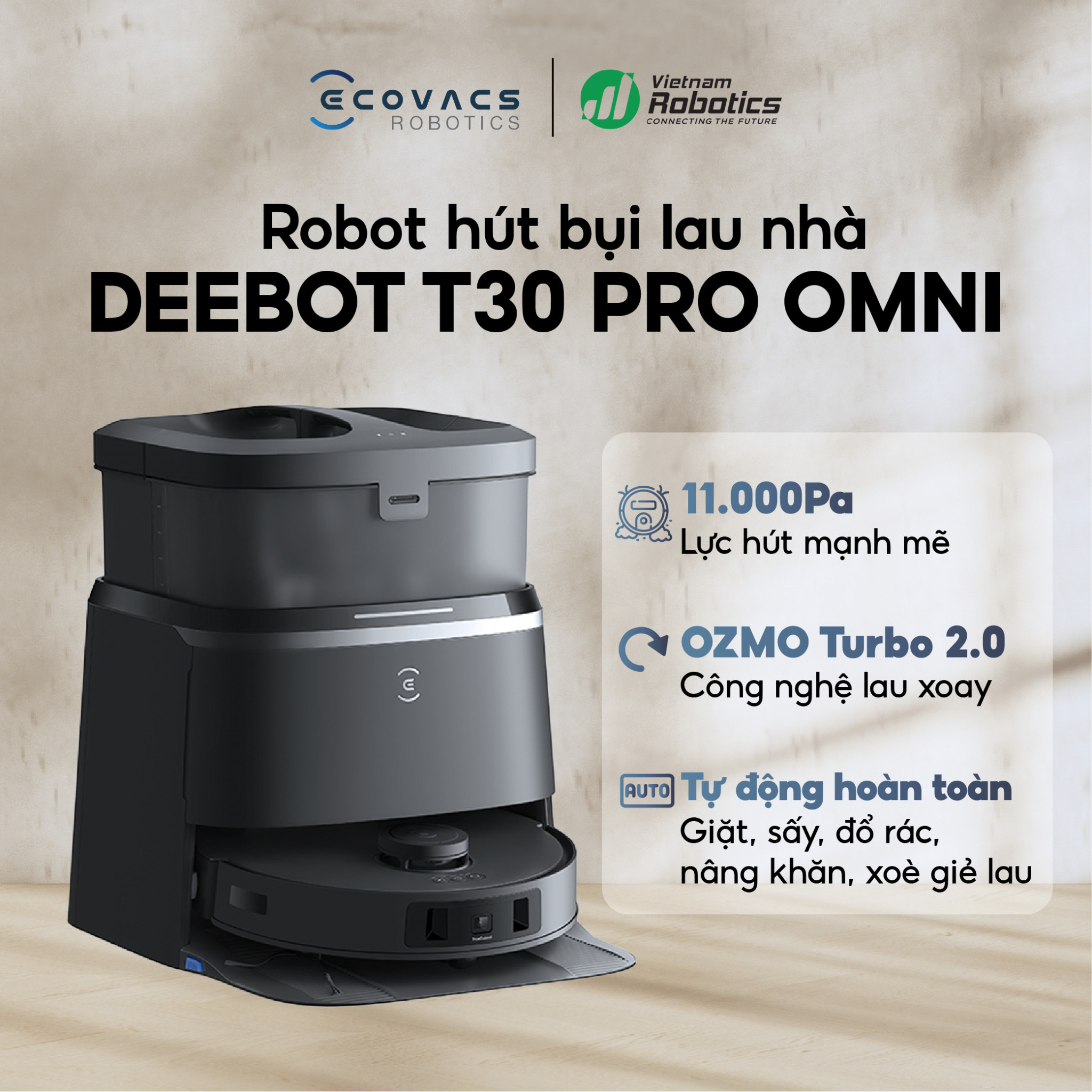 Robot hút bụi lau nhà Ecovacs  T30 Pro Omni - Trắng/đen Bản Quốc tế - App Tiếng Việt, hàng nhập khẩu chính hãng full VAT, Bảo hành chính hãng 24 tháng