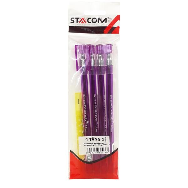 Vỉ 4 Bút Bi Mực Gel Xóa Được Nắp Đậy - 0.5Mm Stacom - Vgbp104V - Mực Tím - Kèm 1 Bút Chì Pc202