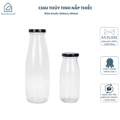 Chai Thủy Tinh Đựng Sữa Hạt, Nước Ép, Trà Sữa - Nắp Thiếc, Nắp Nhôm, Nắp Nhựa 300ml, 500ml - HÀNG CHÍNH HÃNG MINIIN