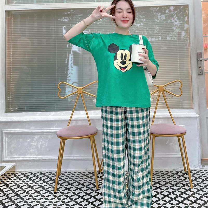 Set Bộ Thun Áo Xanh In Mickey Quần Suông Caro