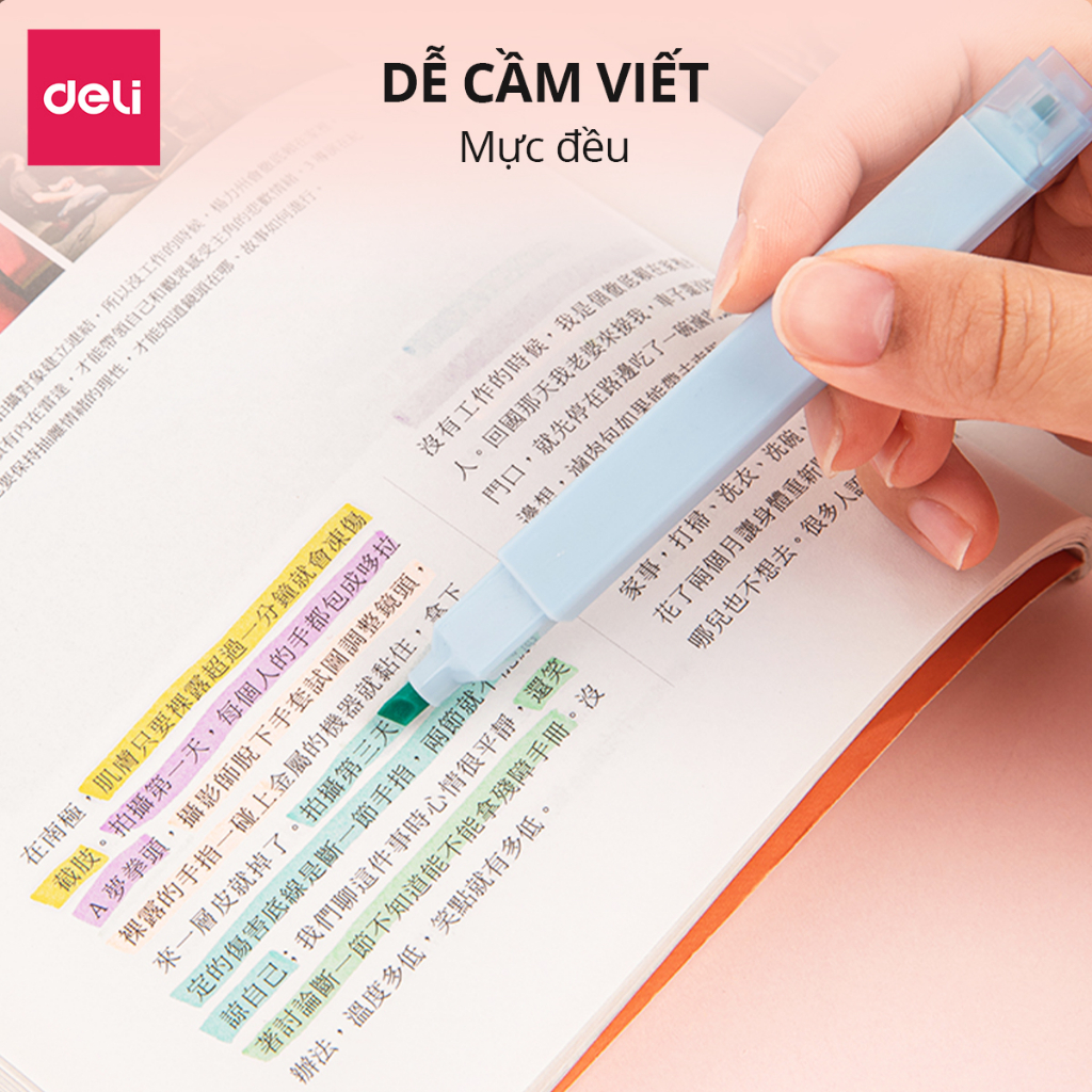 Set 6 bút highlight 2 đầu Bút nhớ dòng Bút đánh dấu màu pastel tươi sáng Deli dạ quang cho học sinh văn phòng tặng sticker
