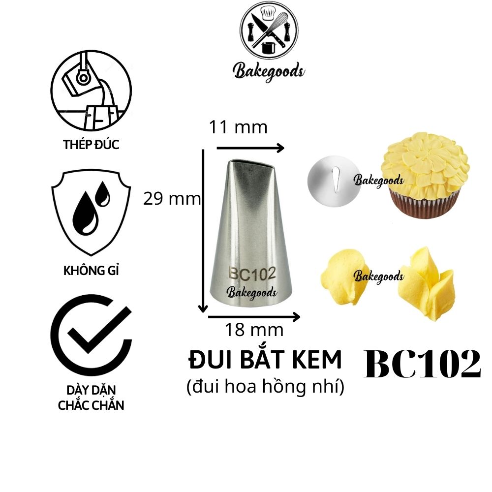 Đui bắt kem BC102, Đuôi bắt hoa hồng nhí trang trí bánh bằng thép không gỉ đúc liền khối dày dặn, cứng cáp