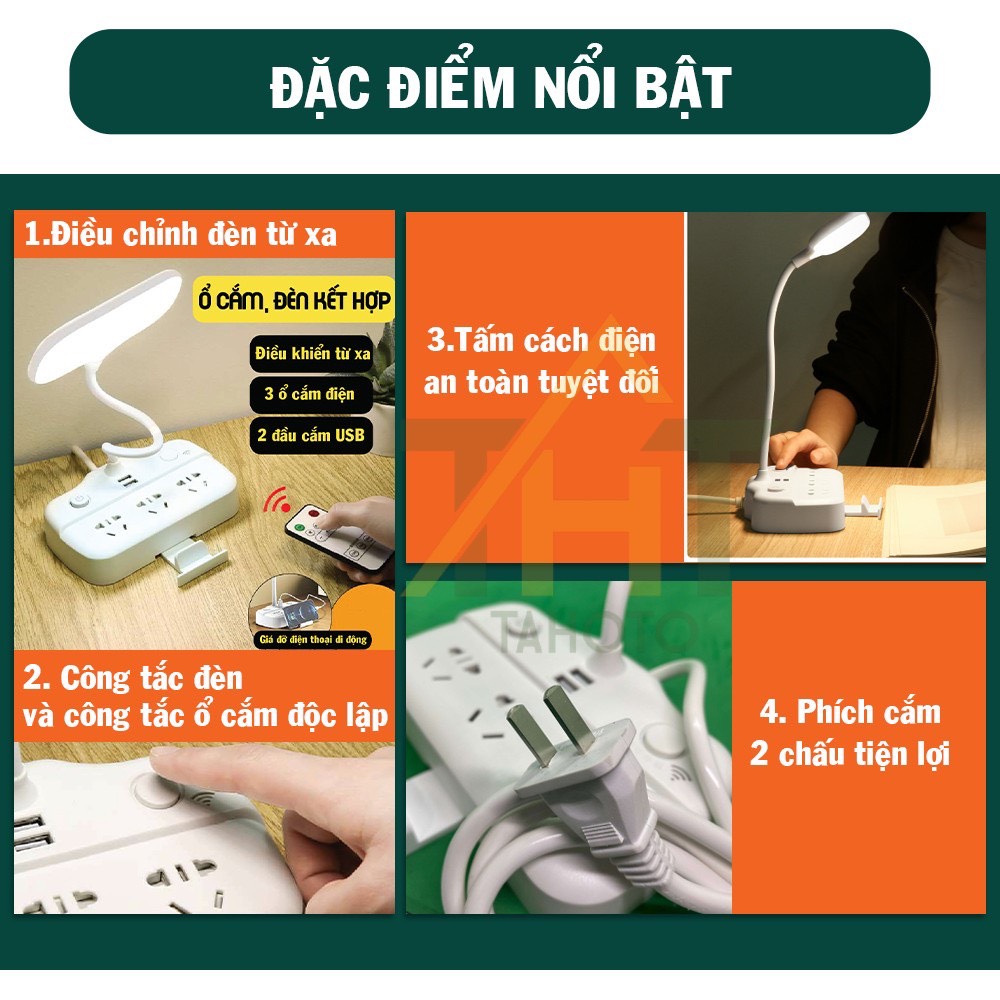 Đèn bàn đèn học đa năng chống cận có 3 chế độ đèn, ổ cắm điện, sạc điện thoại, Led tích điện đa năng hỗ trợ đọc sách, làm việc, trang trí