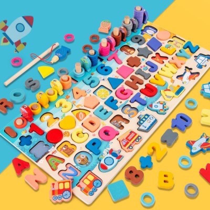 Bộ Đồ Chơi Gỗ 6 In 1 Giúp Bé Học Chữ Cái, Số Đếm, Ghép Hình Đồ Chơi Phương Tiền Giao Thông Kèm Thả Vòng Câu Cá Cho Bé - Hàng Loại 1