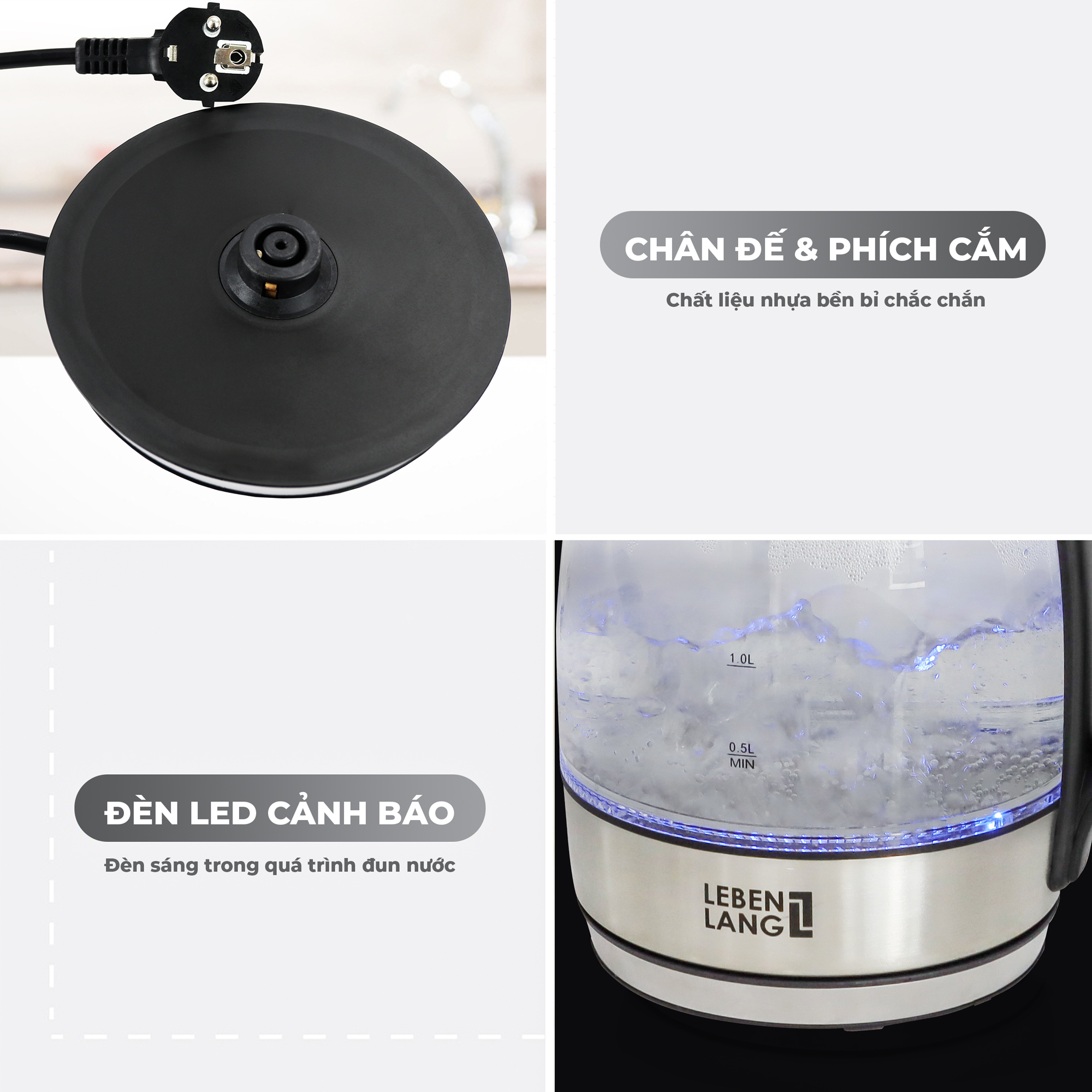 Ấm siêu tốc thủy tinh LEBENLANG LBWE2626 bằng thủy tinh chịu nhiệt - hàng chính hãng