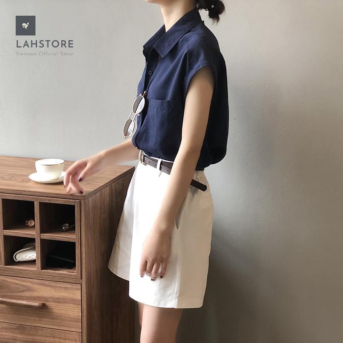 Áo sơ mi thô Linen nữ form rộng cổ bẻ 2 túi ngực trẻ trung LAHSTORE, phong cách Hàn Quốc
