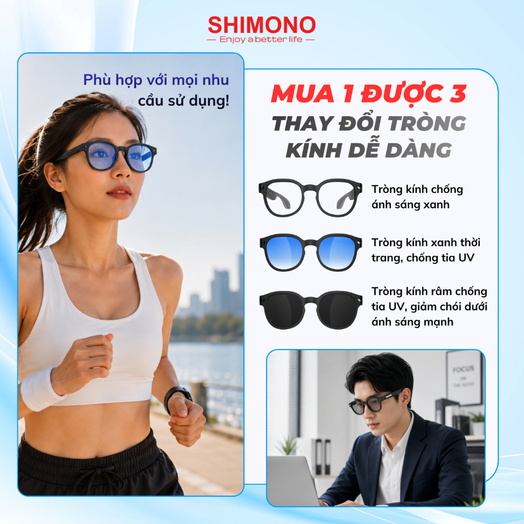 Kính Thông Minh AI Dịch Thuật SHIMONO AIMB-S1 Trợ Lý AI, Camera 5MP, Đàm Thoại Rảnh Tay, Quay Vlog  Hàng chính hãng