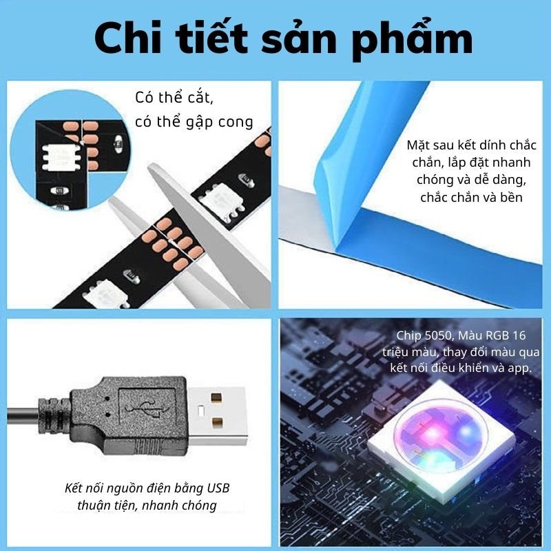 Đèn LED RGB bọc silicon 16 triệu màu kèm bộ điều khiển hiện đại, Dải đèn trang trí nháy đèn theo nhạc decor trang trí mọi không gian