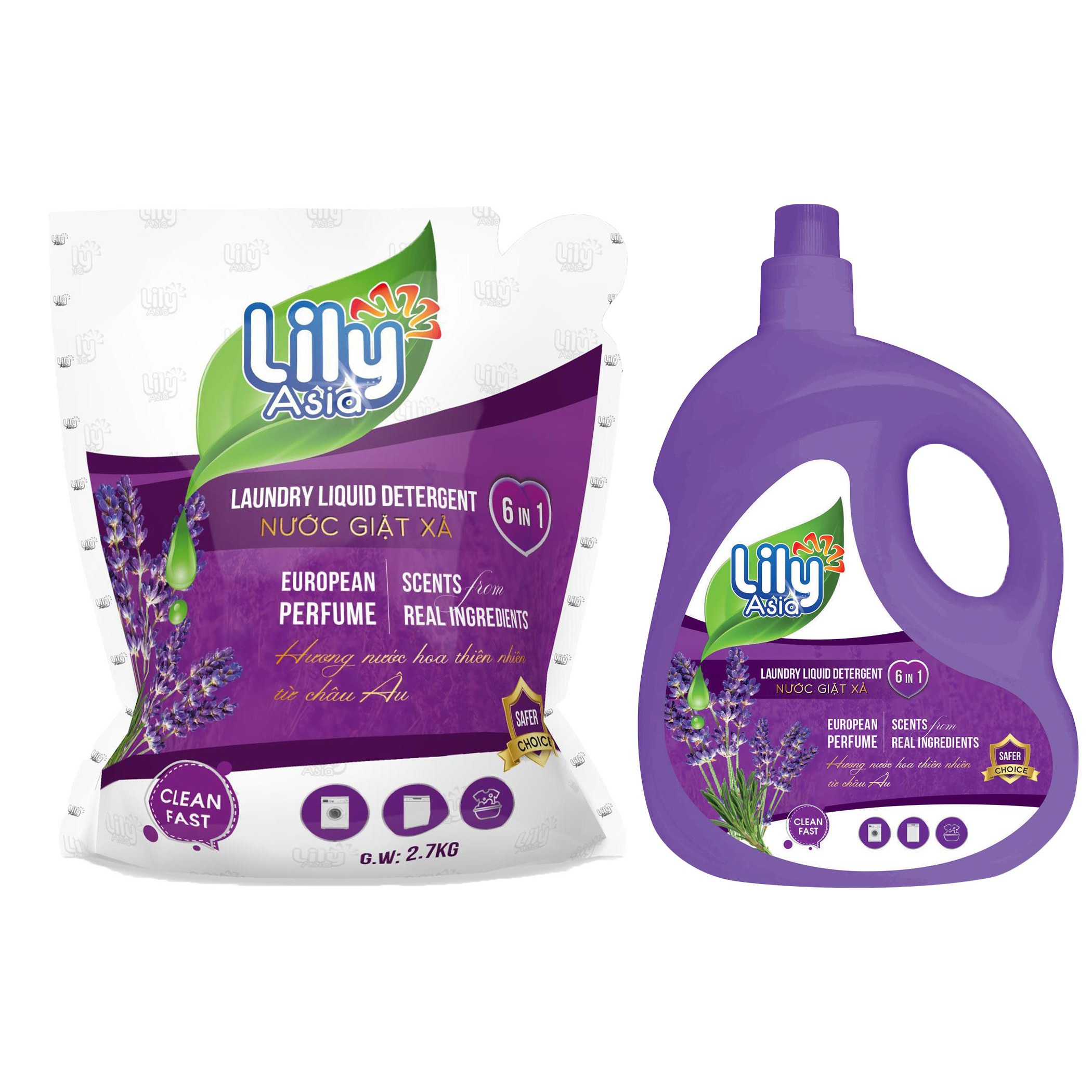 Combo Nước Giặt Xả Lily Asia - Hương Hoa Cỏ  ( 1 can 4 Kg + 1 túi 2,7 Kg)