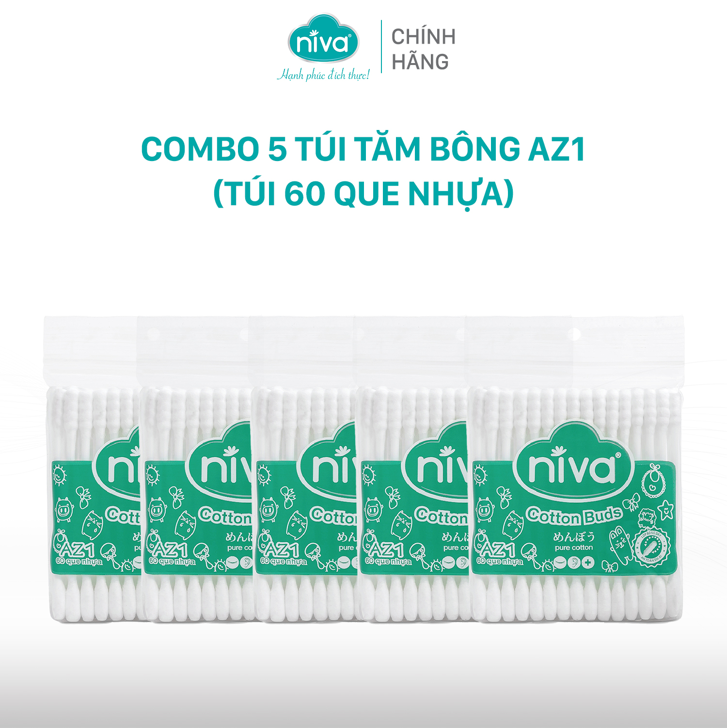 Combo 05 Tăm Bông NIVA Dành Cho Người Lớn Túi Zipper 60 Que Nhựa Az1