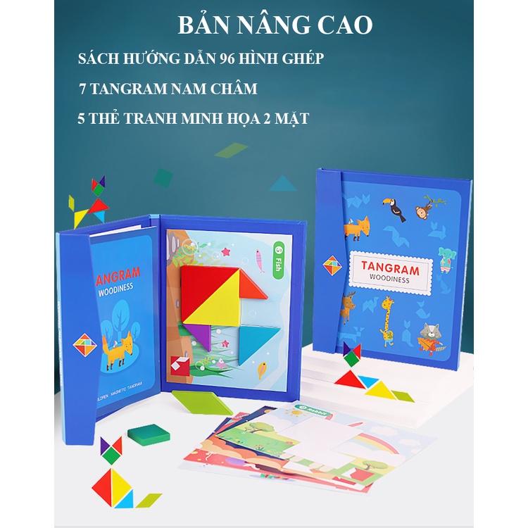 Đồ chơi Xếp hình gỗ Tangram nam châm có kèm sách cho bé, đồ chơi gỗ thông minh montessori