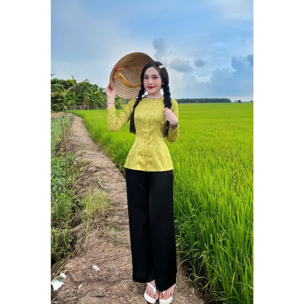 SÉT BỘ BÀ BA CỔ TRÒN TAY DÀI, ÁO LẺ BÀ BA CÀI NÚT TAY DÀI CHẤT VẢI GẤ