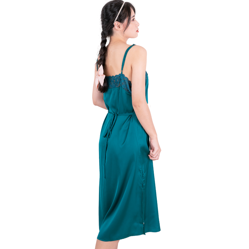 Đầm ngủ, Váy ngủ lụa Pháp cao cấp VILADY - V150, phối ren ngực và lưng, xẻ đùi 2 bên