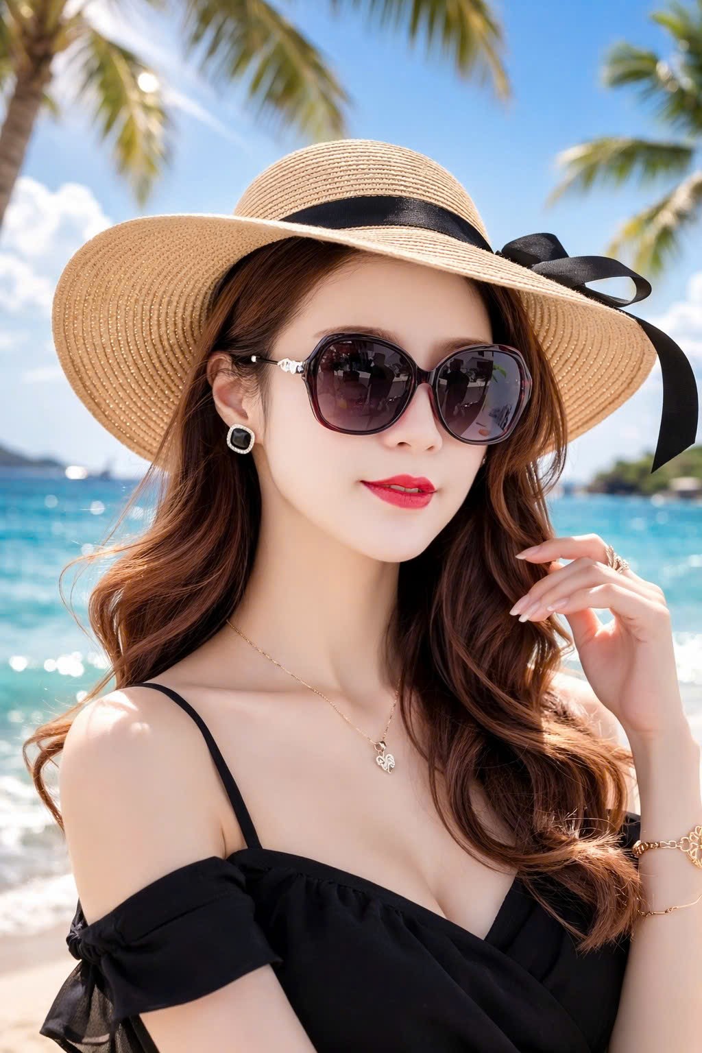 Mũ rộng vành đi biển chất liệu cói thoáng mát nón rộng vành chống nắng UV đai nơ đen cho nữ mẫu mới