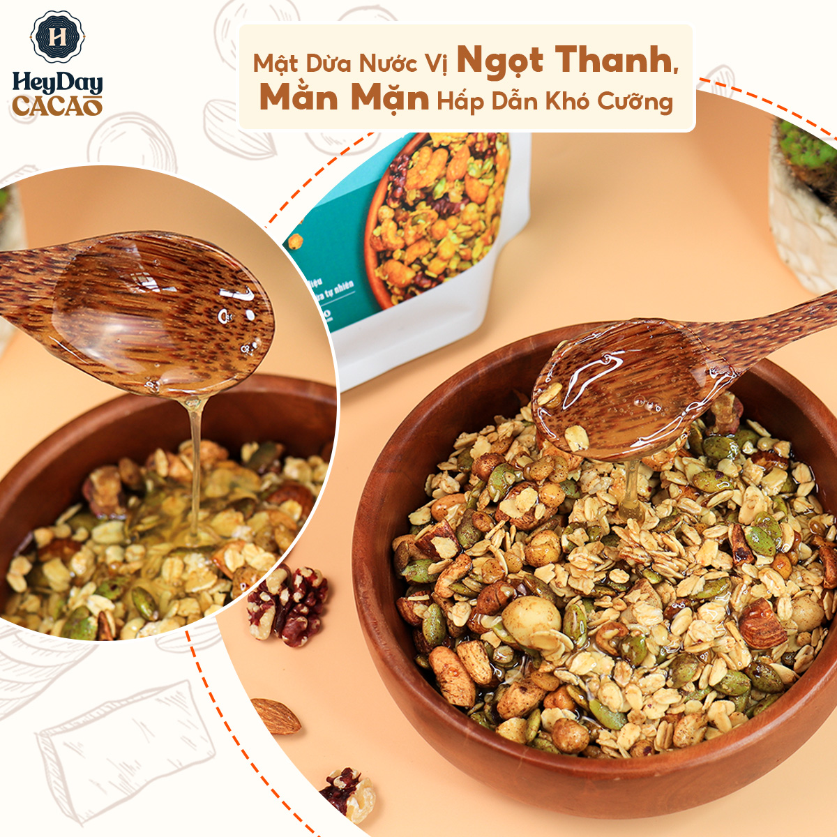 Granola nướng giòn tan - Dùng mật dừa nước, 0 trái cây sấy, GI thấp - Hạt ngũ cốc giảm cân - HeydayCacao