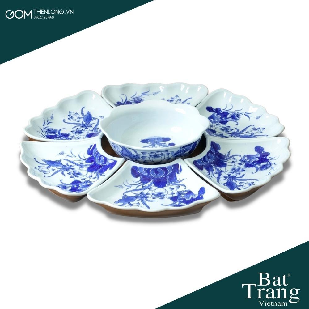 Bộ Bát Đĩa Thắp Hương Men Lam Ngọc Vẽ Sen - Đồ Thờ Cúng Bát Tràng - Gốm Thiên Long
