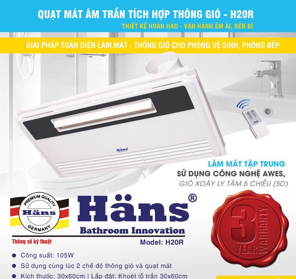 Quạt mát âm trần tích hợp thông gió - điều khiển từ xa Hans H20R - Hàng chính hãng