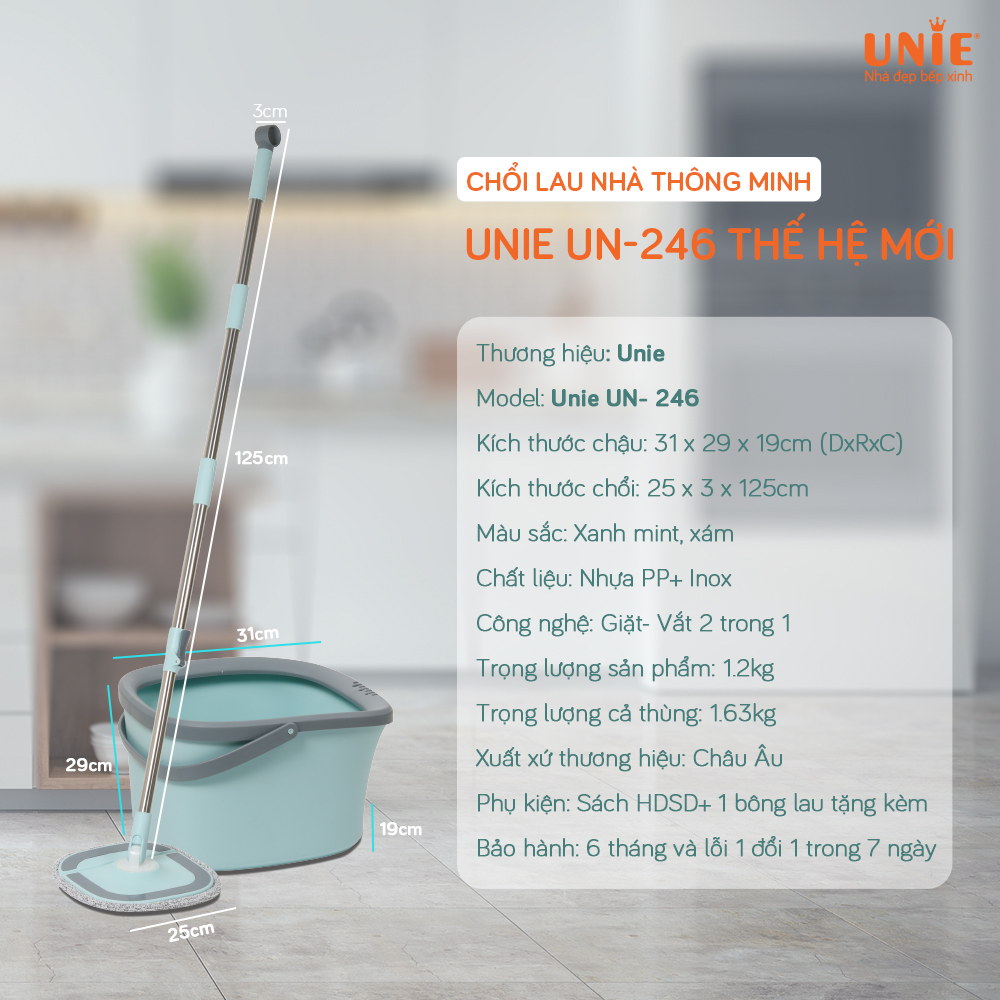 Chổi lau nhà đa năng UNIE UE-246, cây lau nhà 360 độ - Hàng chính hãng