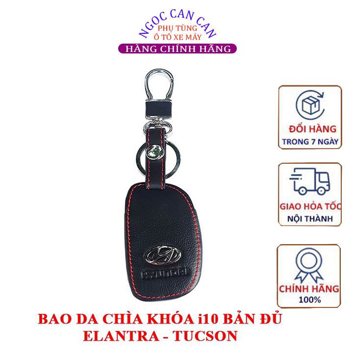 Bao da chìa khóa Hyundai i10 bản đủ, Elantra, Tucson màu đen chỉ đỏ tặng kèm móc
