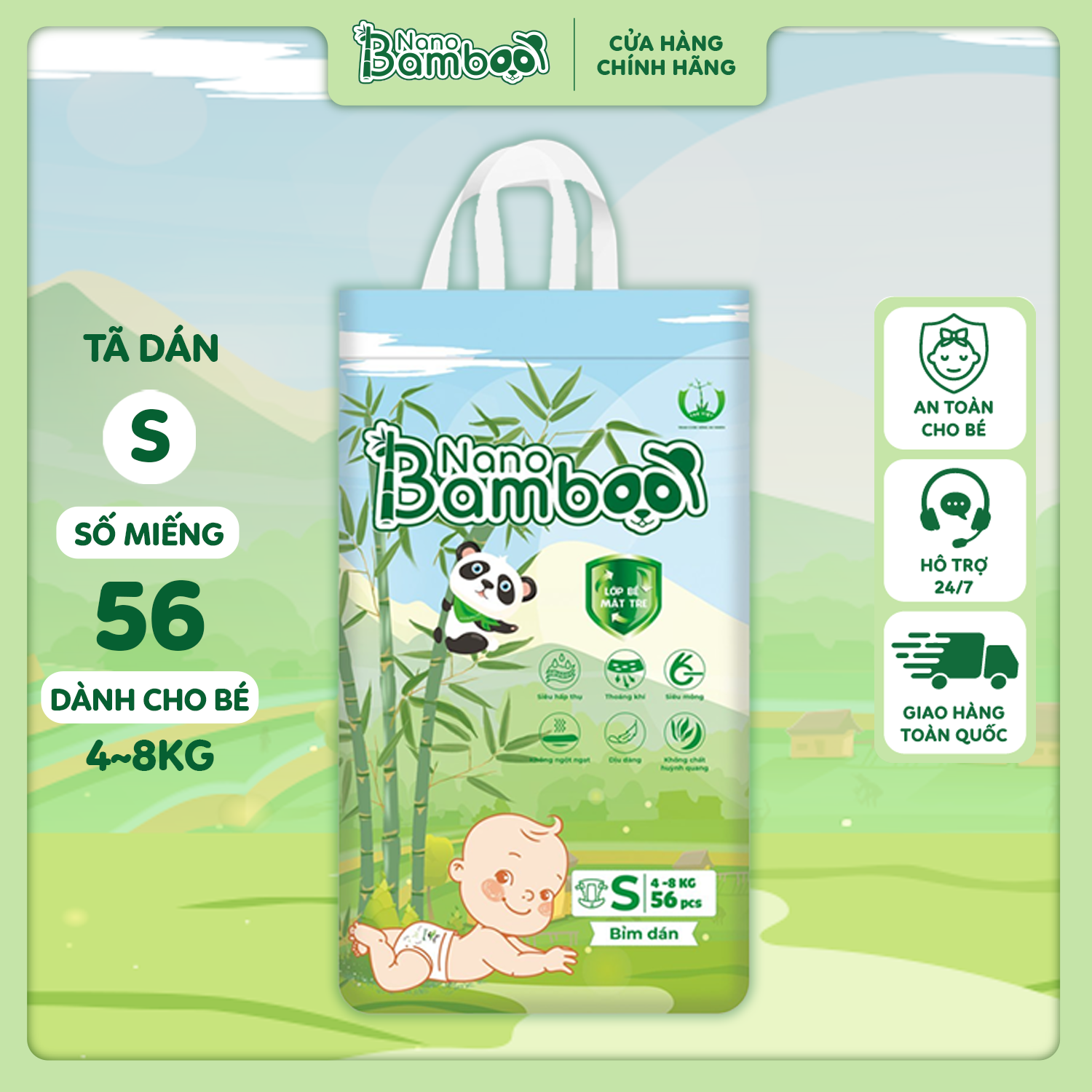 [Chính Hãng][Ảnh Thật] Tã/Bỉm Dán Nano Bamboo sợi tre thiên nhiên size S (4-8kg) 56 miếng