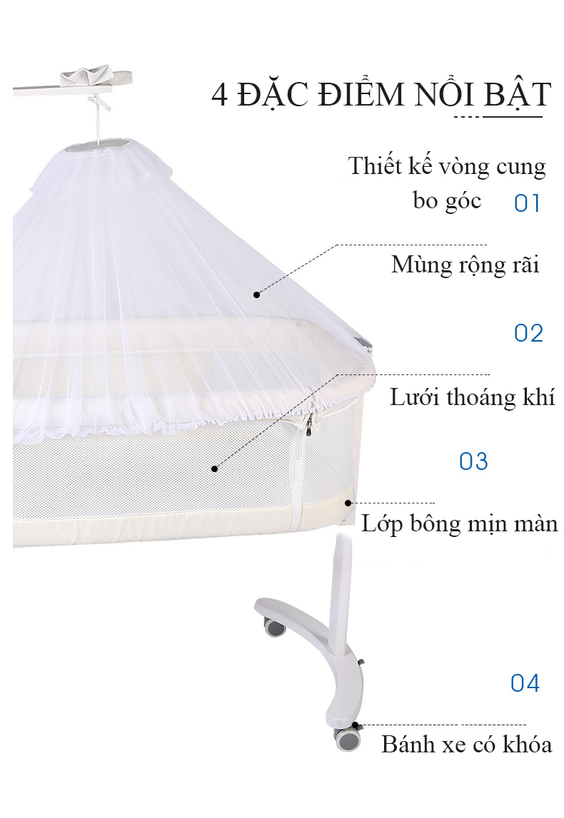Cũi kề giường đa năng cho bé, nôi di động, giường cũi đa năng