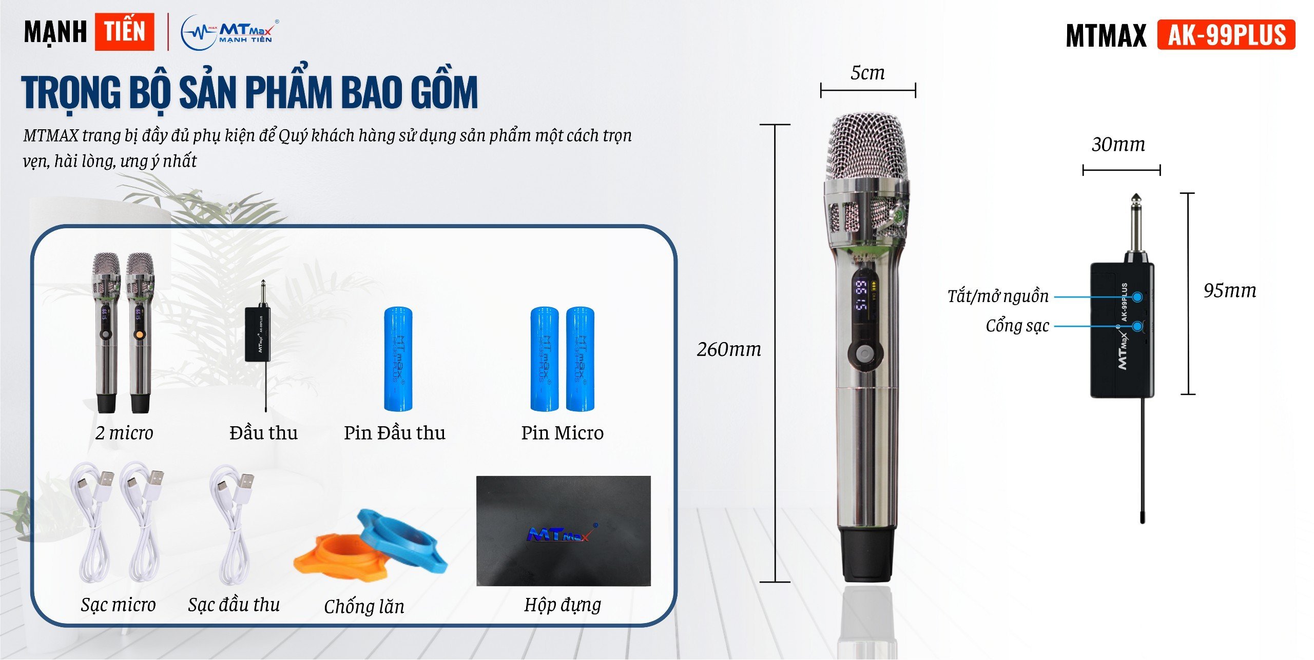 Micro Cho Dàn Karaoke, Loa Kéo, Amply Cao Cấp Chính Hãng MTMAX AK99Plus, Củ Micro Cao Cấp Set Tần Số, Chỉnh Âm Lượng Ngay Thân Micro hàng chính hãng