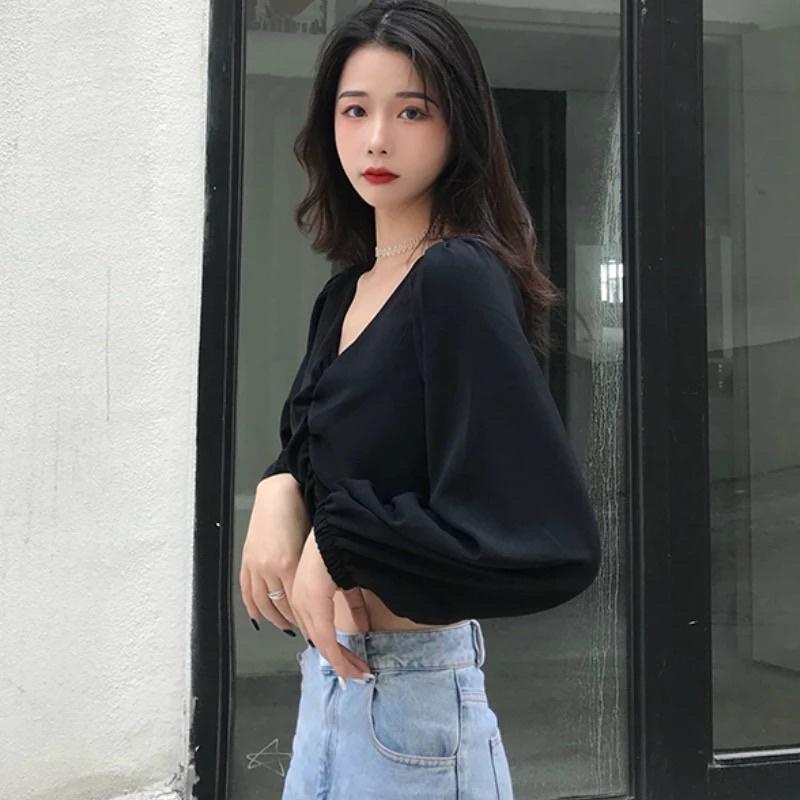 Áo Kiểu Nữ Cổ Chữ V Thanh Lịch CropTop Thời Trang