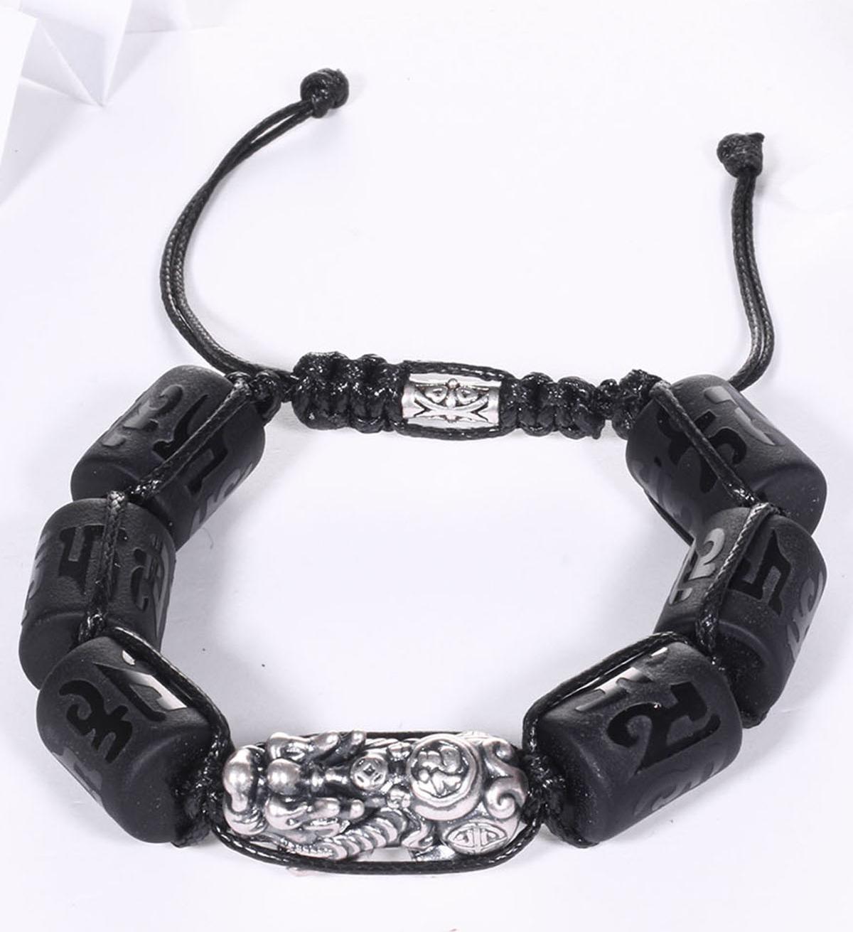 Vòng tay đá obsidian đốt trụ lục tự đại minh chú mix tỳ hưu bạc 16x12mm mệnh thủy, mộc - Ngọc Quý Gemstones