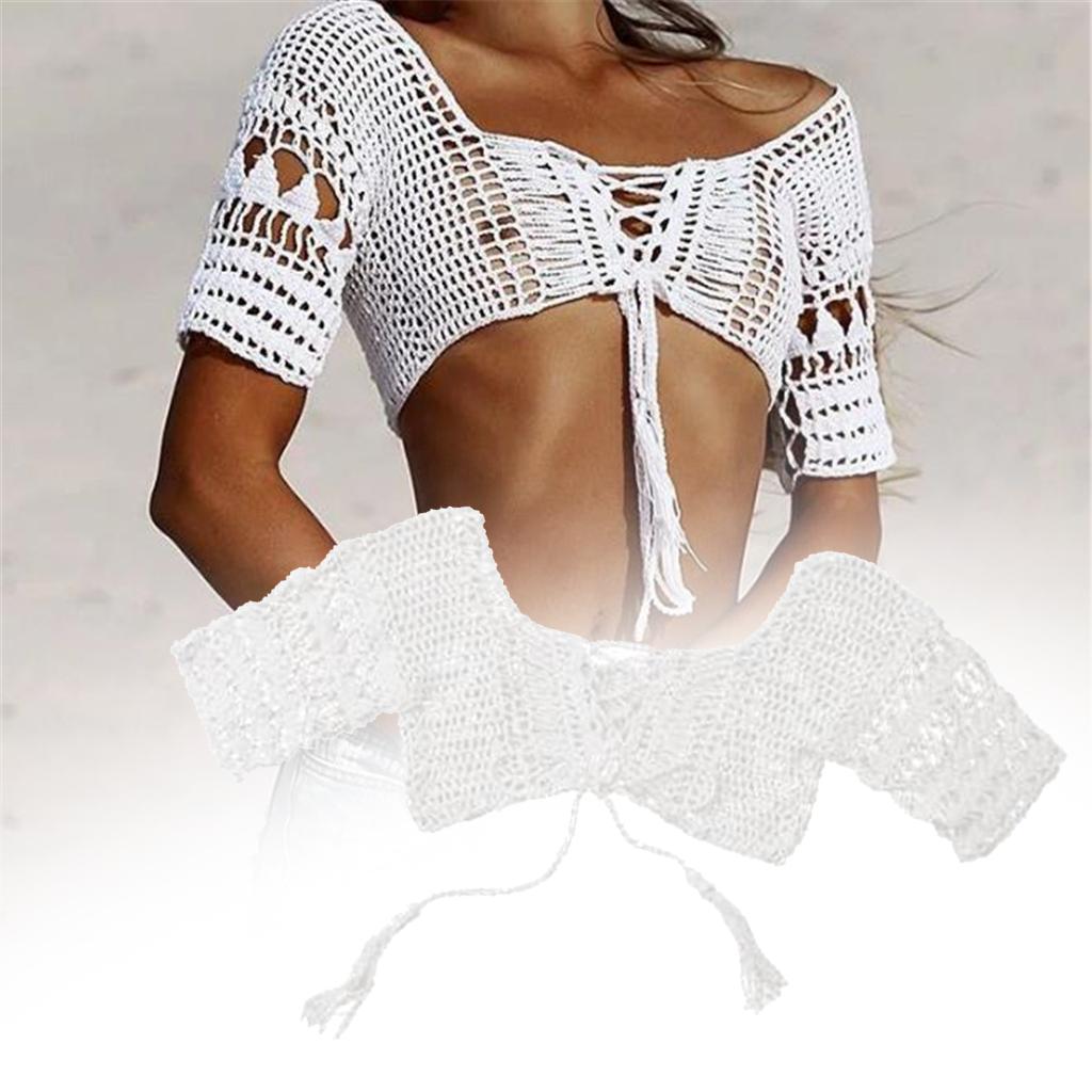 White Crochet Bikini Top Middle Sleeves Crop Tops Boho Beachwear Swimsuit L