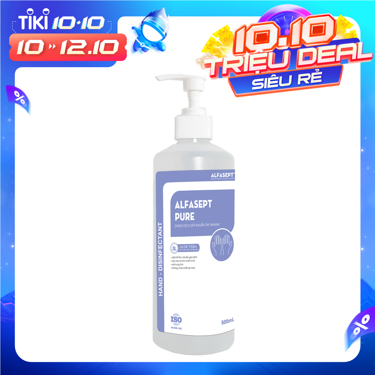 Dung dịch rửa tay sát khuẩn ALFASEPT PURE 500ml - Nước rửa tay khô tăng cường dưỡng ẩm, nước rửa tay nhanh tinh chất lô hội