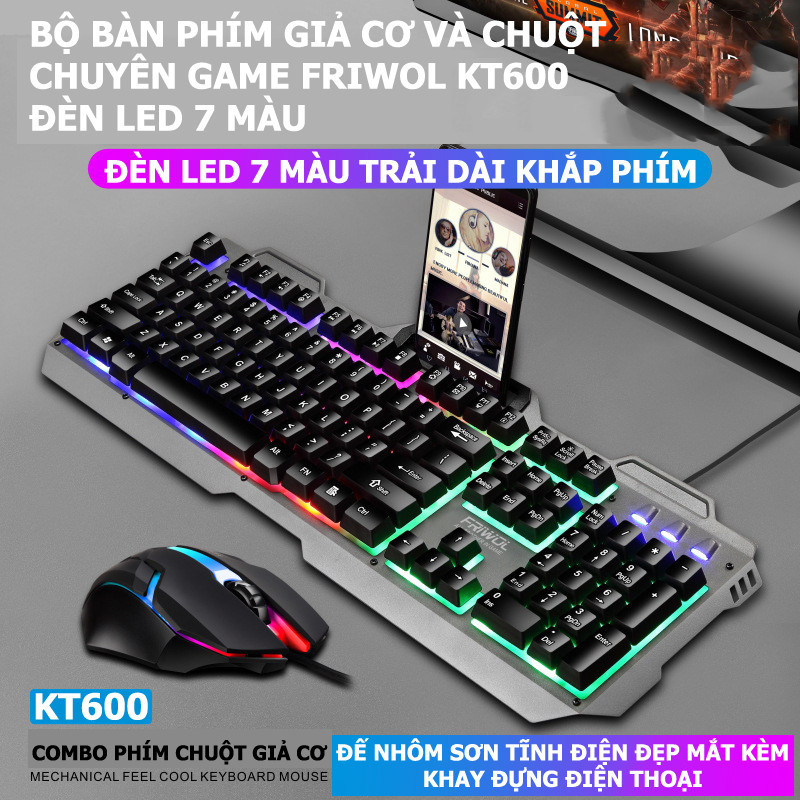 Bộ bàn phím &amp; chuột có dây KT600 104 phím Bảng điều khiển kim loại Đèn nền RGB Cảm giác cơ học Bàn phím chơi game 1000DPI Ergonomic Home Office Mouse - Hàng Chính Hãng