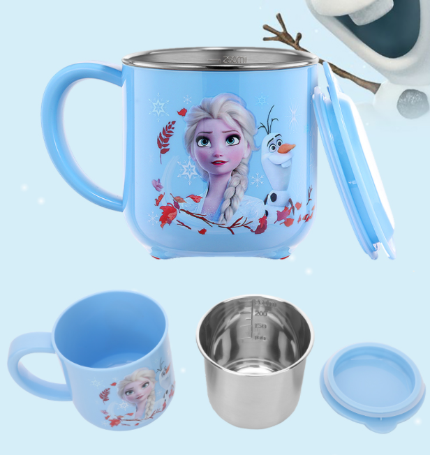 Ly cốc giữ nhiệt Disney in hình Elsa Anna Frozen P.2 màu xanh có nắp và quai cầm cho bé - 260ml