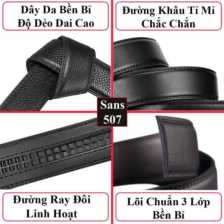 Dây thắt lưng không đầu khoá Sans507 bản 3.5cm nịt nam đen da trơn mềm đẹp thời trang phong cách lịch lãm giá rẻ đen