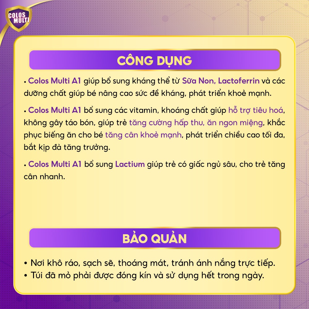 [ HỘP DÙNG THỬ] Sữa bột Colosmulti A1 hỗ trợ tăng cường sức đề kháng cho trẻ hộp 2 gói x 14g - MẪU THỬ