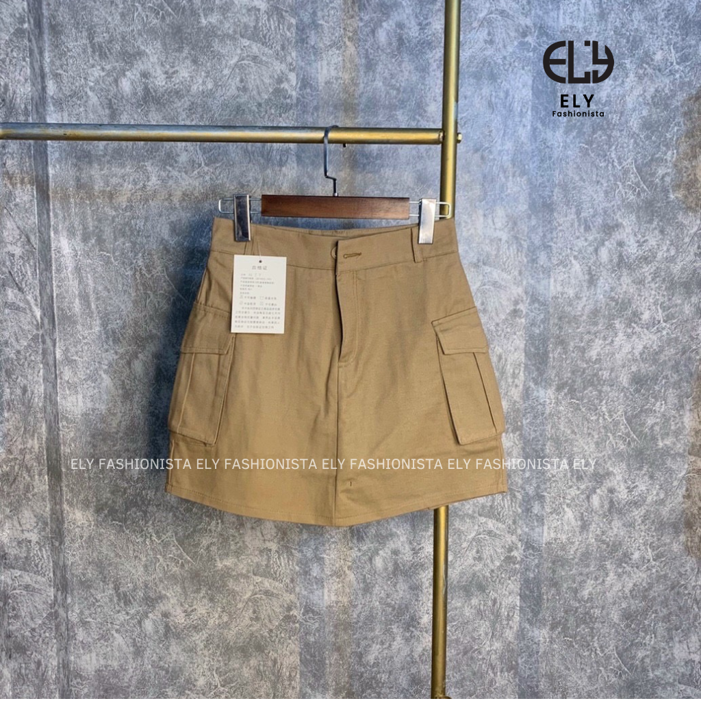 Chân váy kaki nữ cạp cao chữ A túi hộp hàng may kỹ, 2 lớp hàng cao cấp-ELY203