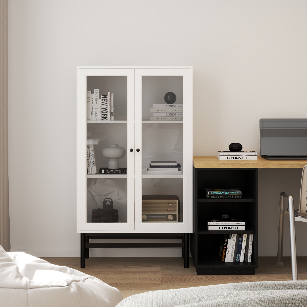 [Happy Home Furniture] CATY , Kệ sách 3 tầng cửa kính - chân sắt ,  80cm x 39cm x 140cm (DxRxC), KSA_023