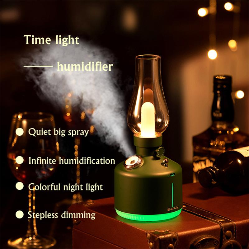 USB Có Thể Sạc Retro Dầu Lửa Đèn Máy Tạo Độ Ẩm Không Khí Có Đèn LED Ánh Sáng Khuếch Tán Hương Thơm Không Dây Phun Sương Tạo Trang Trí Nhà
