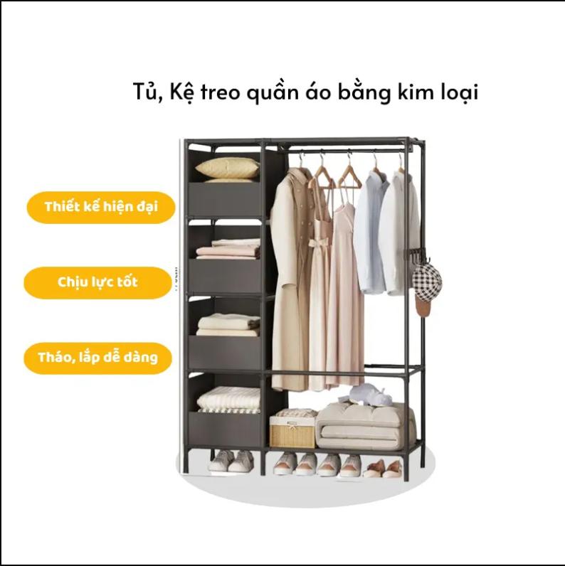 Tủ Treo Quần Áo Bằng Kim Loại Kệ Treo Quần Áo Láp Ráp Tiện Lợi Thông Minh Dễ Dàng, Thép Carbon Sơn Tĩnh Điện Cao Cấp - Hàng chính hãng