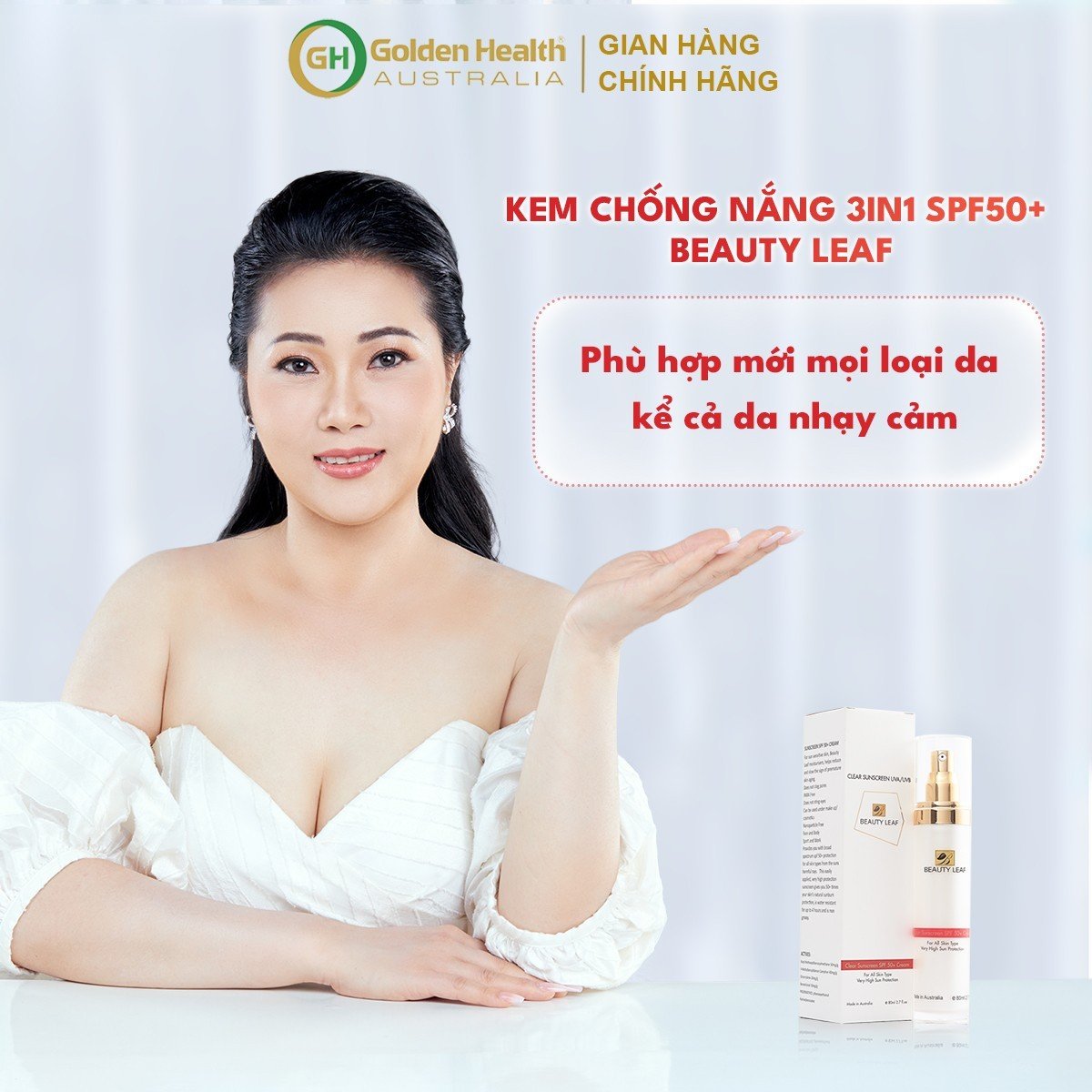 [GOLDEN HEALTH] Kem Chống Nắng Dưỡng Trắng Da, Kháng Nước Beauty Leaf Clear Sunscreen UVA/UVB SPF 50+ (Chai 80ml)