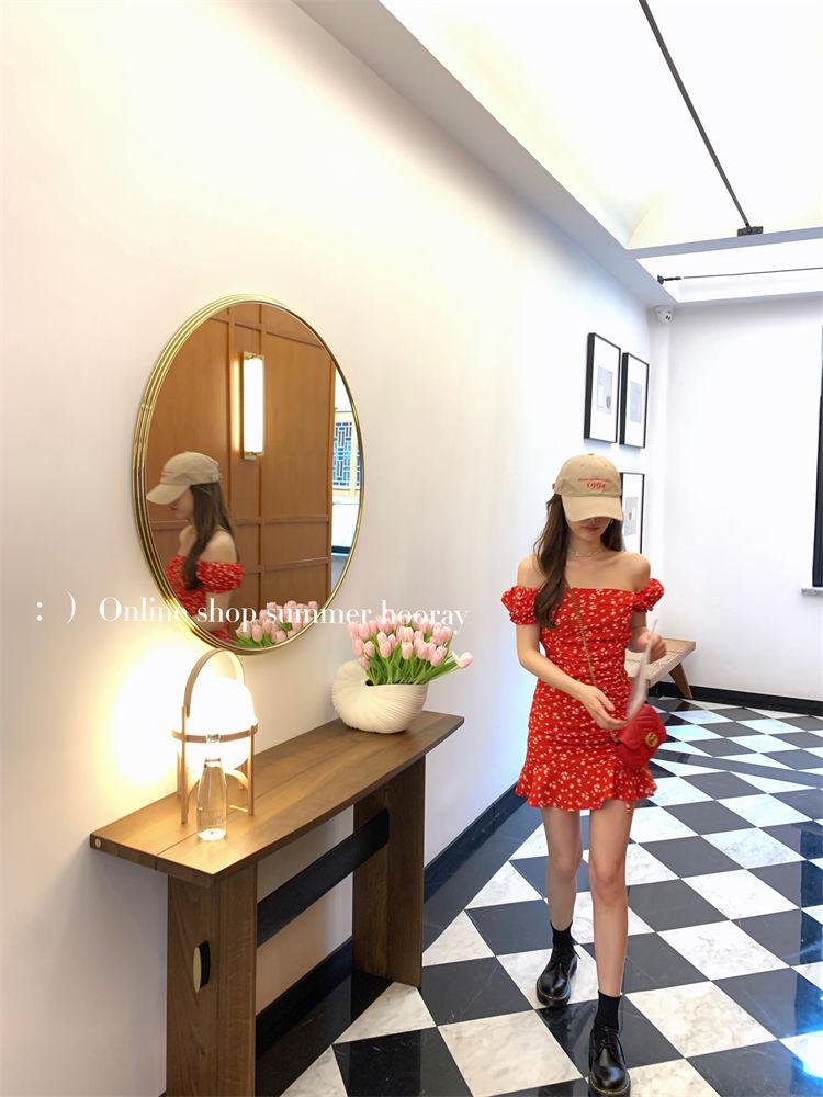 TOBE1SHOP Pháp Vintage màu đỏ mảnh hoa vuông cổ bong bóng tay áo đầm 2023 mùa hè eo cao hiển thị gầy váy ngắn nữ