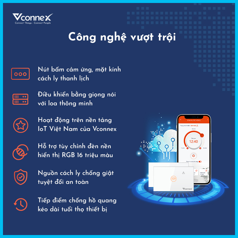 Công tắc cho bình nước nóng thông minh chống giật Vconnex, Kết nối Wifi, hẹn giờ Bật Tắt, công suất 2500W từ Techino&quot;