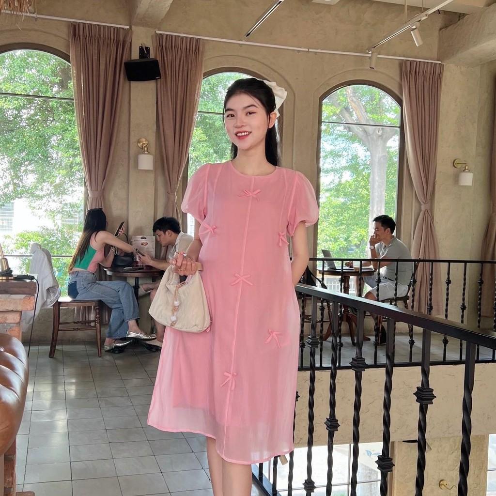 Đầm bầu tơ phom suông đính nơ nhẹ nhàng, dễ thương, sang chảnh - Hồng