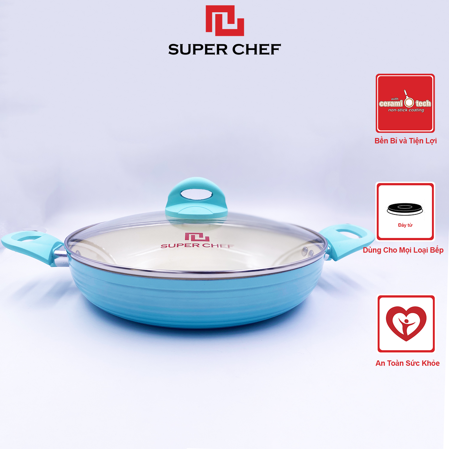 Chảo Xào Chống Dính Ceramic Đáy Từ 2 Quai Chef Blue Cao Cấp Mới, Đảm Bảo Sức Khỏe, Siêu Bền Bỉ Không Bong Tróc size 28cm Kèm Nắp Kính